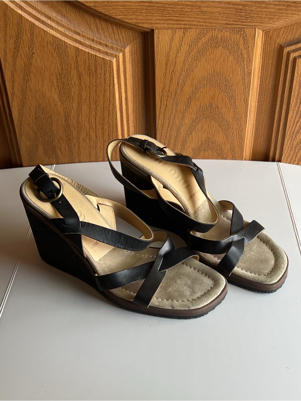 Vintage Miu Miu Wedge Sandals EU 38.5 Black Leather Suede Y2K